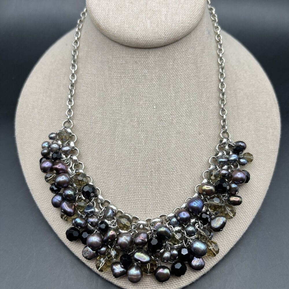 J Jill Pearl Cluster Bib Statement Necklace Blue Gray Freshwater Silver Tone